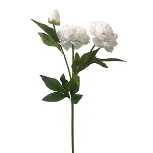 Künstlicher Pfingstrosenzweig in Weiß und Rosa mit zwei Blütenköpfen und Knospe