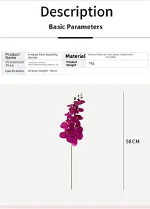 Detailed size specifications for a 9-head dark purple artificial orchid flower stem