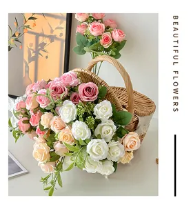 Close-up of artificial rose bouquet in woven basket for home decor and wedding setting