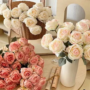Bouquet de Roses Artificielles Vintage 7 Têtes Avec Bord Brûlé Roses en Tissu Pour Décoration de Mariage Maison Photographie