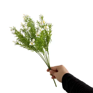 Handheld bouquet of 7-fork white gypsophila artificial flowers with green pine needles
