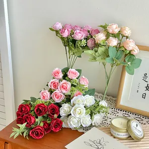 Realistic 10-head faux rose bouquet for home decor and wedding photography props