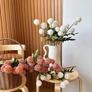 Flores de pompón artificiales de cinco cabezas en blanco y óxido para bodas y hogar