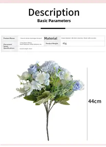 Detailed size chart for 44cm artificial blue rose and hydrangea bridal bouquet