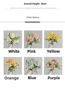 Detailed grid view of artificial rose and daisy bouquets in six vibrant color options