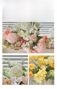 Close-up of artificial rose and daisy bouquet details on minimalist wooden shelf