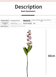 Macro detail of artificial jasmine branch showing 80cm stem with 7 pink silk flowers