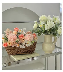 Detail of faux roses and hydrangeas in a rustic basket and white ceramic vase decor