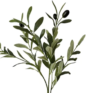 Artificial olive branch with green leaves and black fruits on a clean white background