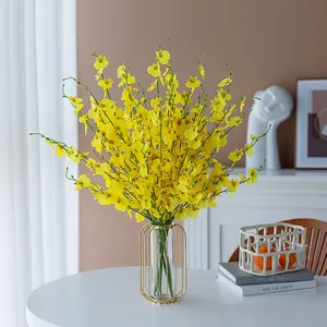 Artificial Yellow Dancing Orchid Bouquet Gold Metal Glass Vase Modern Flowers For Home Living Room Table Office Decor