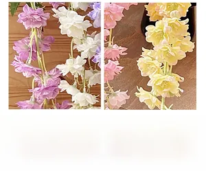 Detailed close-up of colorful silk delphinium flowers for interior home decoration