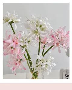Close-up of white and pink Lycoris Radiata artificial flowers in a glass vase