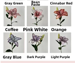 Detailed view of artificial 3D lilies in nine colors with realistic texture and leaves