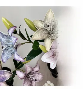 Close-up of lifelike 3D lily petals with delicate textures and realistic green leaves