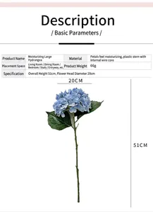 Detailed size specifications for 3D real touch artificial hydrangea with 20cm flower head