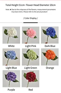 Detailed size chart and multi-color options for 3D moisture-feel artificial hydrangea