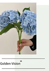 Close-up of realistic blue 3D hydrangeas with detailed petals and green leaves