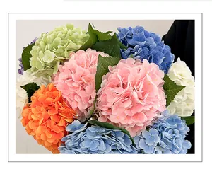 Close-up of 3D lifelike artificial hydrangeas in pink blue green and orange for decor