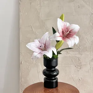 3D pink lily silk flowers in a modern black glossy tiered ceramic vase for home decor