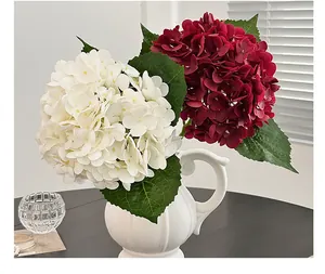 Detailed view of white and burgundy hydrangeas in a ceramic pitcher vase for home decor