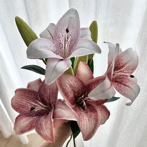 Handheld lifelike 2-head 3D artificial lily flower bouquet with pink gradient petals