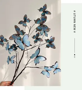 Detail of 3D printed butterfly branches with blue lifelike butterflies and natural shadows