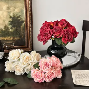 Bouquet de Roses Artificielles en Satin Bord Brûlé Vintage Décoration de Table Maison Mariage Fête Accessoire Photographie