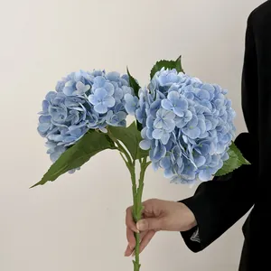 Lifelike blue 3D artificial hydrangea with green leaves for wedding and home decoration