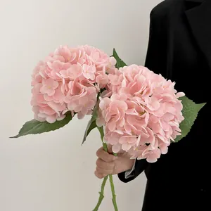 Lifelike pink 3D hydrangeas with realistic petals and green leaves held by a person