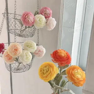 Artificial ranunculus flower bouquet in hanging silver metal wire double baskets