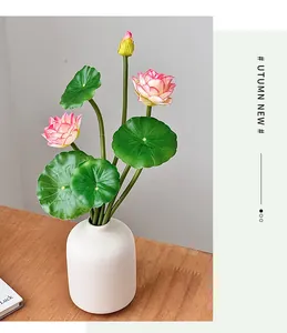 Artificial pink lotus set with ceramic vase for elegant home and tabletop decoration