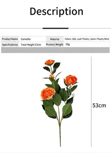 Ramo di camelia artificiale da 53cm con tre fiori di seta arancione e foglie realistiche