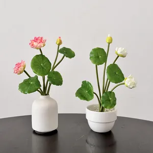 Artificial Lotus Flower Bundle With Leaves Zen Style Silk Like Cloth Water Lily For Home Table Temple Wedding Decor