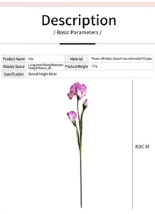 Detail view of 80cm purple iris silk flower with dimensions and material specs