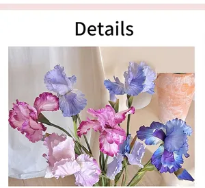 Macro shot of faux silk iris petals showing realistic texture and vibrant color gradients