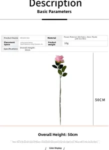 Detailed size chart of pink silk rose showing 50cm height and wire-core plastic stem