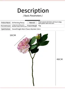 Detail view of pink peony silk flower with size specs 48cm height and 16cm diameter