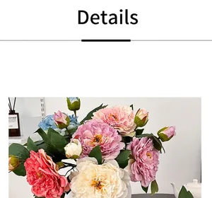 Close-up of realistic peony silk petals and green leaves for home decoration