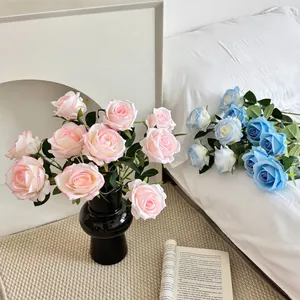 Lifelike silk rose bouquet in black ceramic vase for home and wedding table decoration
