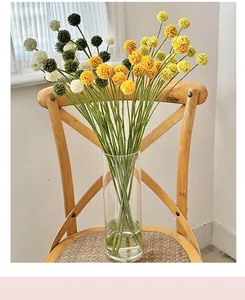 Detailopname van gele en witte craspedia globosa in glazen vaas op een houten stoel