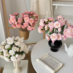 Bouquet de Roses Artificielles en Satin Style Coréen Multi-têtes Fausses Fleurs Pour Maison Mariage Décoration de Table Accessoires de Photographie Rose Blanc