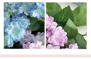 Detailed macro view of artificial hydrangea petals in blue and purple with green leaves