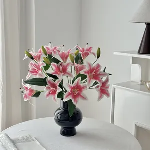 Artificial Lily Flowers Real Touch PVC Faux Lily Bouquet Two Heads And One Bud Long Stem For Home Wedding Party Table Living Room Decoration