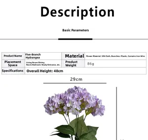Detail view of purple hydrangea artificial flower showing dimensions and fabric texture