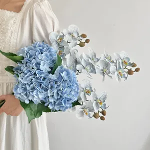 Detail of blue hydrangea and orchid bouquet held against a minimalist background