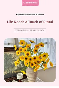 Detailed view of 12-head artificial sunflowers in a textured ceramic vase for home decor