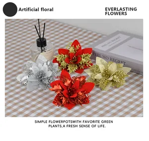 Glitter poinsettia artificial flowers in silver and red for Christmas tree decor