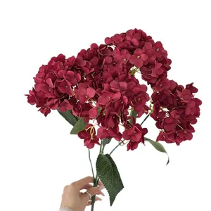 5-head deep red artificial hydrangea silk flower bouquet with green leaves on white background