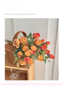 French oil painting style vintage roses in a woven basket for home decor