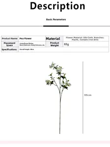 Detail showing 88cm height of gradient blue silk sweet pea flower with plastic stem